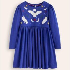 Mini Boden Nellie Owl Appliqué Flare Dress in Blue Size 12 Years Embroidered